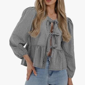 Black and White gingham bow blouse- L